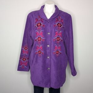 Bob Mackie purple red embroidered fleece jacket L